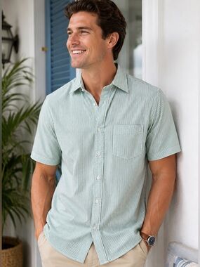Lands’ End Oxford Shirt Men’s Large Green White Stripe Short Sleeve